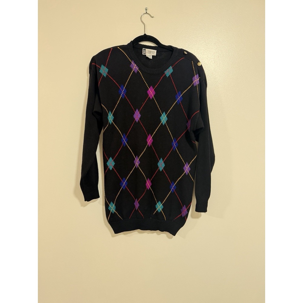 Vintage Argyle Long Sweater Shoulder Pads Size Small Grandma Academia 90's